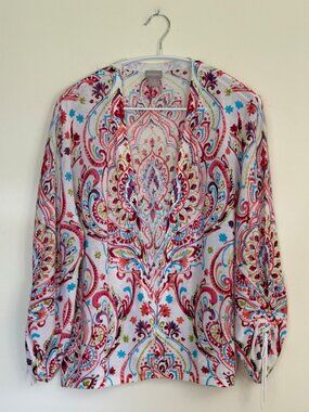 Chico's Open Front Paisley Cardigan – Ruched Drawstring Sleeves, XL